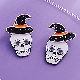 Eye Pointed Enamel Skull Head in Witch Hat Earrings