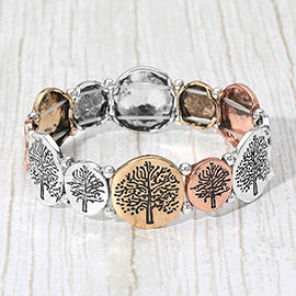 Antique Metal Tree of Life Engraved Disc Stretch Bracelet