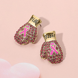 Fight Message Stone Paved Pink Ribbon Boxing Glove Earrings