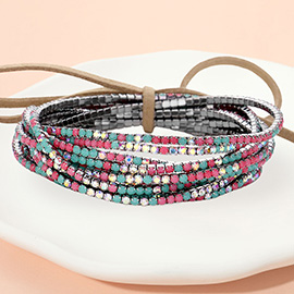12PCS - Ribbon Colorful Rhinestone Layered Stretch Bracelets