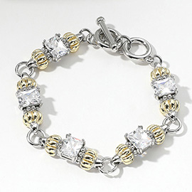 Two Tone CZ Stone Cluster Link Toggle Bracelet