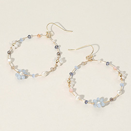 Flower Pearl Faceted Beaded Wire Round Dangle Earrings