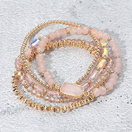 5PCS - Stone Charm Pointed Metal Ball Faceted Beaded Stretch Multi Layered Bracelets