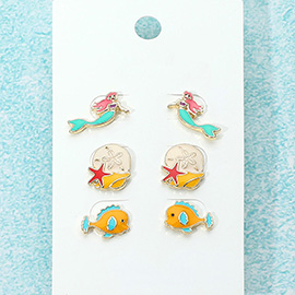 3Pairs - Enamel Mermaid Starfish Fish Stud Earrings
