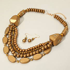 Bold Multi Layered Wood Beaded Statement Necklace