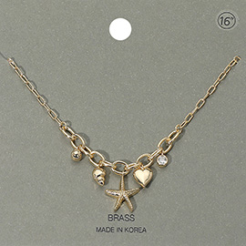 Starfish Heart Shell Stone Bezel Charm Station Paperclip Chain Necklace