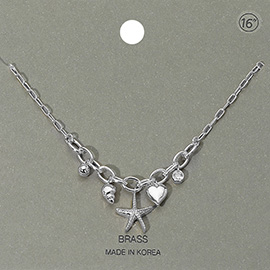 Starfish Heart Shell Stone Bezel Charm Station Paperclip Chain Necklace