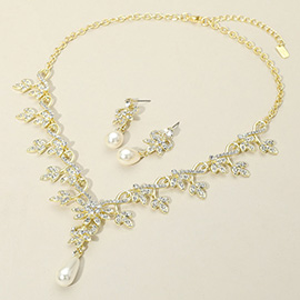 Stone Paved Vine Teardrop Pearl Dangle Evening Necklace