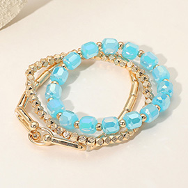 3PCS - Hardware Textured Metal Faceted Beaded Stretch Multi Layered Bracelets