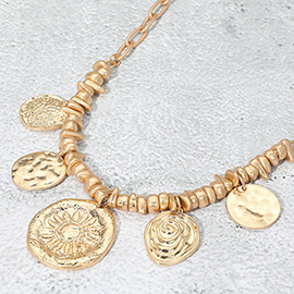 Textured Metal Disc Medal Charm Beaded Necklace