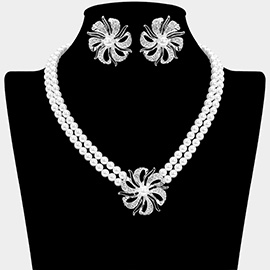 Rhinestone Paved Flower Pendant Double Layered Pearl Necklace