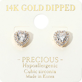 14K Gold Dipped CZ Heart Stone Mini Stud Earrings