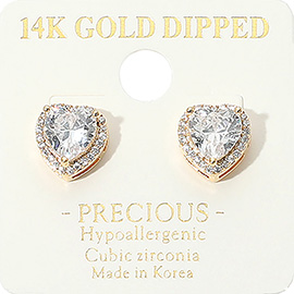 14K Gold Dipped CZ Heart Stone Mini Stud Earrings