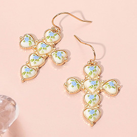 Heart Floral Ceramic Bezel Cross Dangle Earrings