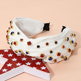 American USA Colored Stone Cluster Embellished Knot Headband