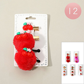 12 SET OF 3 - Cherry Pom Pom Hairband Alligator Snap Hair Clip Set