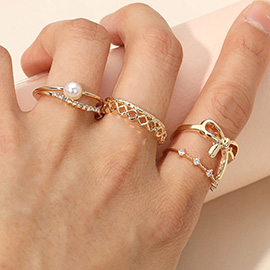 6PCS - Pearl Bow Textured Metal Stackable Rings