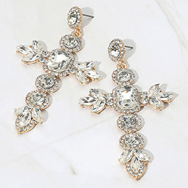Glass Stone Cluster Cross Dangle Evening Earrings