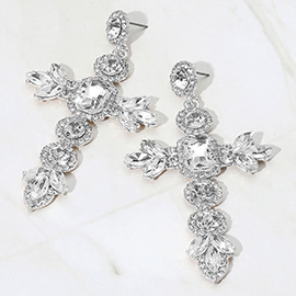 Glass Stone Cluster Cross Dangle Evening Earrings