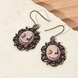 Crystal Trim Vintage Cameo Dangle Earrings