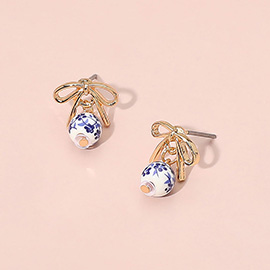 Floral Ceramic Ball Dangle Bow Earrings