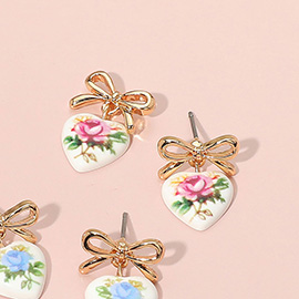 Floral Heart Ceramic Dangle Bow Earrings