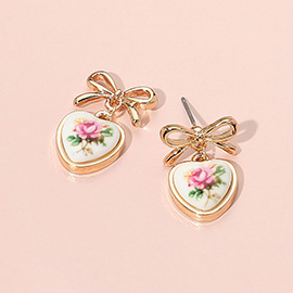 Floral Heart Ceramic Bezel Dangle Bow Earrings