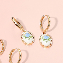 Oval Floral Ceramic Charm Dangle Earrings