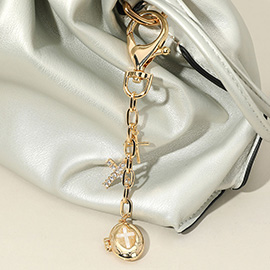 Mother of Pearl Cross Oval Locket Stone Paved Cross Charm Drop Keychain / Bag Charm