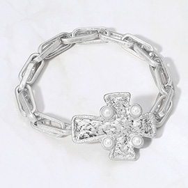 Pearl Pointed Textured Metal Cross Stretch Bracelet