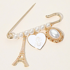 SECRET BOX_Eiffel Tower Heart Pearl Beaded Safety Pin Brooch