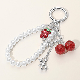 SECRET BOX_Glittered Cherry Enamel Strawberry Metal Teddy Bear Pearl Beaded Charm Keychain / Bag Charm