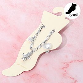 Heart Pearl Metal Bow Angel Balloon Dog Charm Station Paperclip Chain Anklet