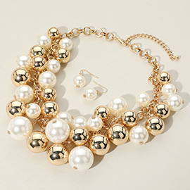 Chunky Pearl Metal Ball Embellished Bib Necklace