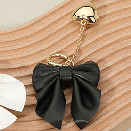 Faux Leather Bow Metal Heart Drop Keychain / Bag Charm