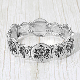 Antique Metal Tree of Life Engraved Disc Stretch Bracelet