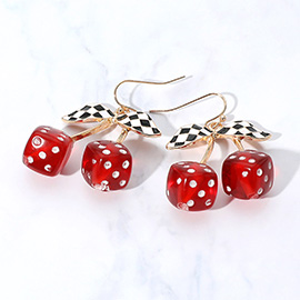 Enamel Retro Checkered Leaf Cherry Dice Dangle Earrings