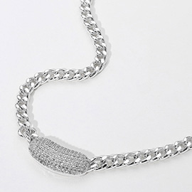 14K Gold Plated CZ Stone Paved Bean Bar Pendant Pointed Necklace