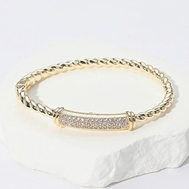 Stainless Steel CZ Stone Paved Bar Accent Hinged Bangle Bracelet