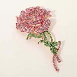 Stone Paved Rose Stem Pin Brooch