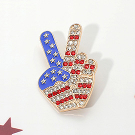 Stone Paved American USA Flag Peace Hand Sign Pin Brooch