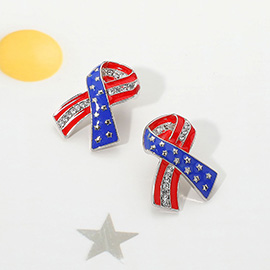 Stone Paved Enamel American USA Flag Bow Earrings