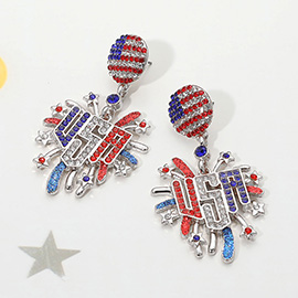 Stone Paved American USA Flag Accent Enamel USA Message Firework Dangle Earrings