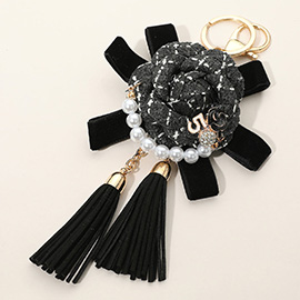 Number Five Pearl Accent Tweed Flower Bow Tassel Keychain / Bag Charm