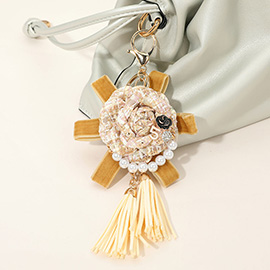 Number Five Pearl Accent Tweed Flower Bow Tassel Keychain / Bag Charm