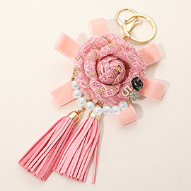 Number Five Pearl Accent Tweed Flower Bow Tassel Keychain / Bag Charm