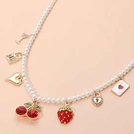 Cherry Strawberry Heart Lock Martini Glass Charm Pearl Beaded Necklace