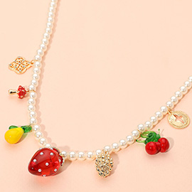 Strawberry Cherry Lemon Grape Quatrefoil Charm Beaded Pearl Necklace