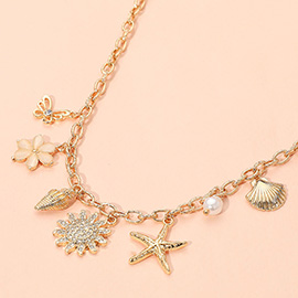 Sun Starfish Sea Shell Flower Butterfly Pearl Charm Station Necklace