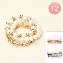 12 SET OF 3 - Pearl Metal Ball Beaded Stretch Multi Layered Bracelets